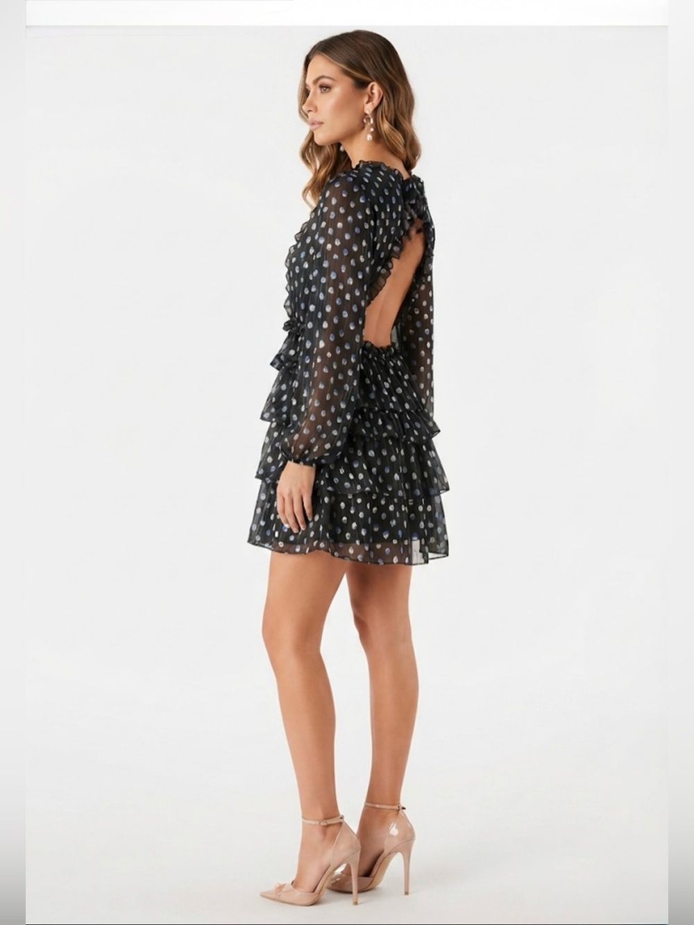 VICI Black Blue Polka Dot Metallic Chiffon Open Back Ruffle Tiered Mini Dress L